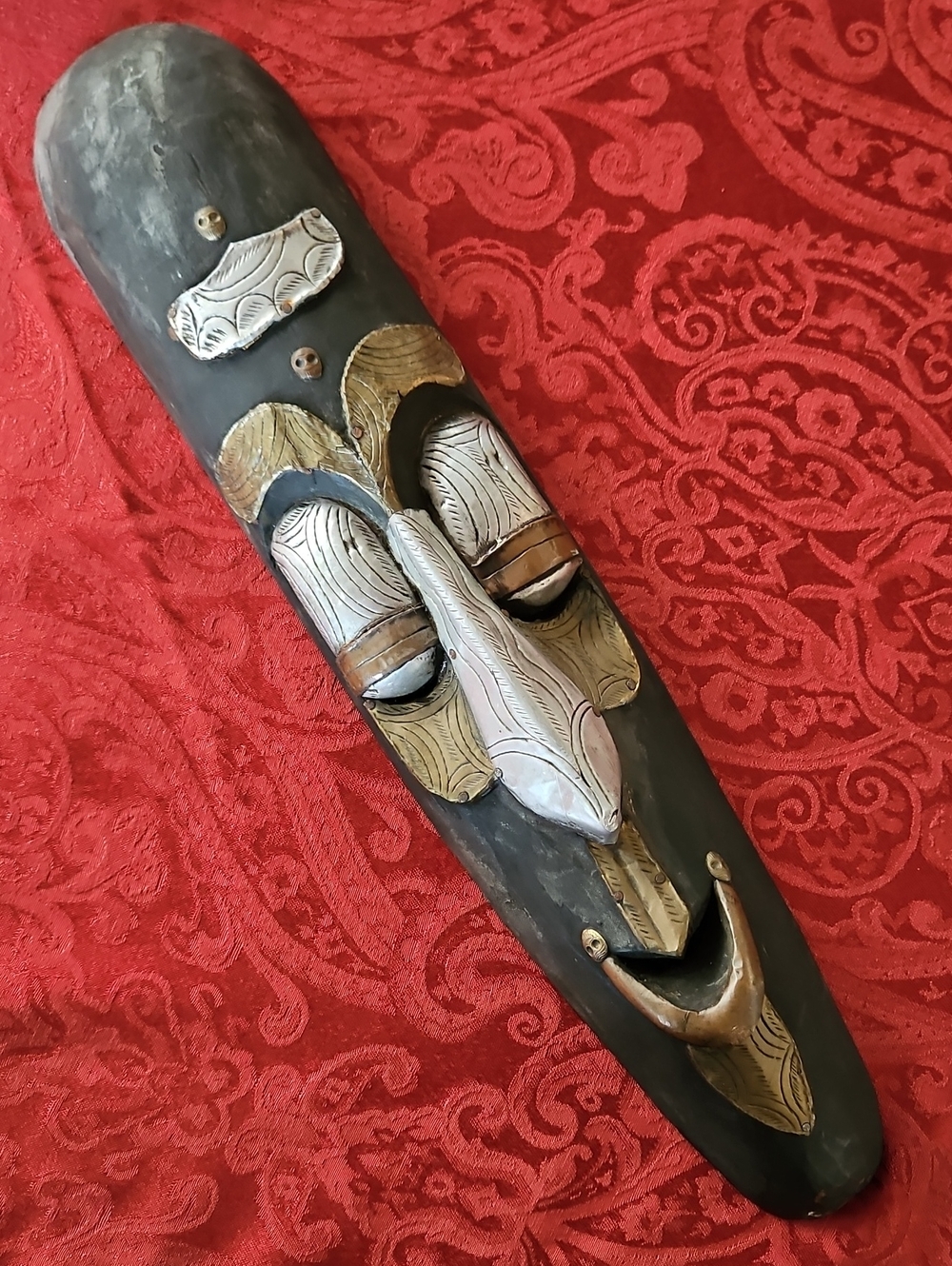 Vintage Hand-Carved 18" Long Wooden Mask – Nepal Artisan Tribal Decor
